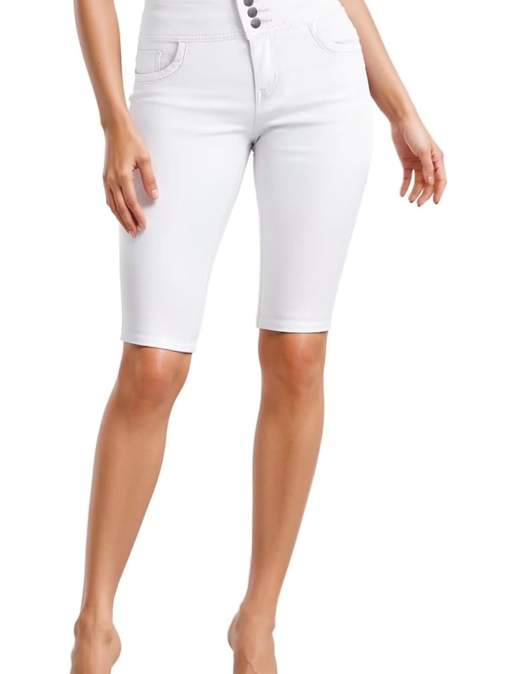 Hybrid & company White High-Waist Knee-Length Bermuda Shorts